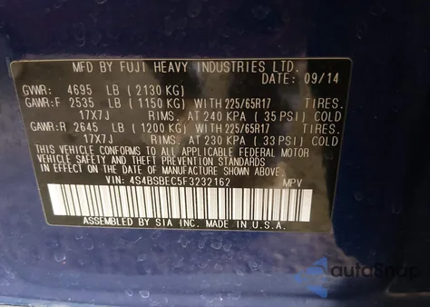 2015 Subaru Outback 2.5I Premium z USA, uszkodzony, nr VIN 4S4BSBEC5F3232162